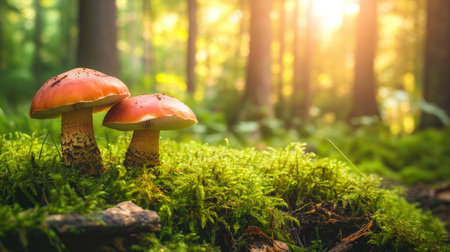 Two mushrooms nestled in a bed of moss on the forest floor, with soft light filtering through the trees, emphasizing the serene and natural setting.の素材
