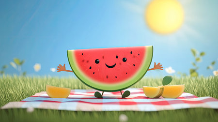 A smiling cartoon watermelon slice with tiny hands and feet, sitting on a picnic blanket under the sun.の素材