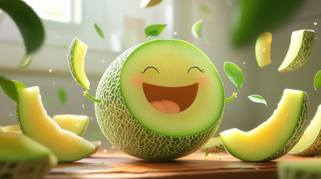 A giggling cartoon honeydew melon, surrounded by slices of itself.の素材