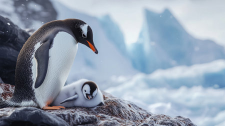 A penguin gives birth on the icy shores of Antarctica, surrounded by towering glaciers and a pristine, frozen landscape.の素材