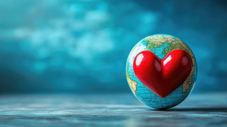 Global health concept with a heart healing over Earth, set against a blue background, ideal for promoting Earth Day and environmental awareness.の素材