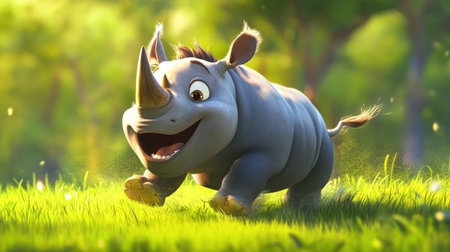 A cute cartoon rhino with a tiny horn, charging playfully across the grass.の素材