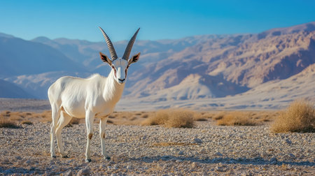 A stunning Arabian Oryx stands gracefully in a vast desert landscape, characterized by mountains and a clear blue sky, depicting the beauty of wildlife in arid habitats.の素材