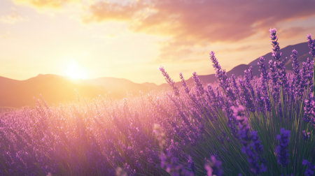 Experience the enchanting beauty of a lavender field at sunset, where the sun sets behind mountains, illuminating the vibrant purple flowers in warm light.の素材