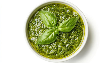 Fresh basil pesto sauce in a white bowl topped with vibrant green basil leaves, perfect for enhancing pasta dishes, spreads, or dips with rich flavor.の素材