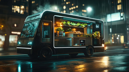 A striking modern food truck illuminated by neon lights, showcasing fresh vegetables and gourmet dishes in a rainy urban environment, encapsulating culinary creativity.の素材