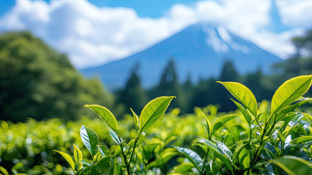 Lush green tea leaves in focus with a stunning mountain backdrop under a clear blue sky. This image captures the essence of nature's beauty and peaceful landscapes.の素材