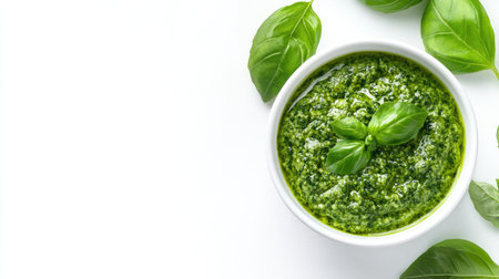 Discover the vibrant allure of fresh homemade basil pesto sauce in a clean bowl, surrounded by delicate green basil leaves, perfect for culinary creations.の素材