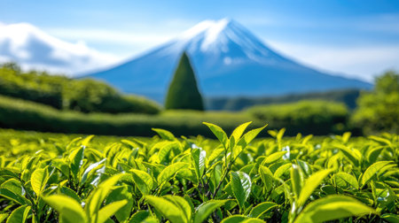 Beautiful green tea leaves create a stunning foreground while a majestic snow-capped mountain looms in the background under a clear blue sky, capturing nature's serenity.の素材