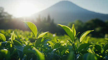 A serene scene featuring vibrant green tea leaves glistening with morning dew in a tranquil field, with a majestic mountain backdrop softly illuminated by sunlight.の素材
