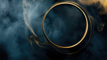 This image features a stunning golden circle enveloped by colorful smoke in a dark setting, creating a captivating visual effect perfect for abstract art themes.の素材