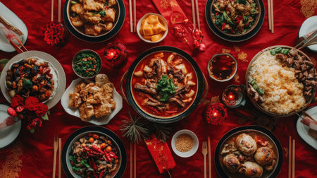 A vibrant spread of Asian dishes on a red tablecloth, featuring delicious noodles, rice, fresh vegetables, and aromatic spices, perfect for festive gatherings.の素材