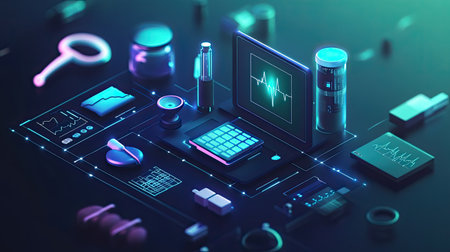 Explore a vibrant technology workspace featuring a sleek desktop monitor, data charts, and neon graphical elements, ideal for conveying innovation and digital analysis.の素材