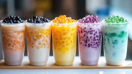 A vibrant display of five bubble tea cups showcasing an array of flavors and toppings, perfect for summer gatherings and refreshment. Enjoy a delightful experience!の素材