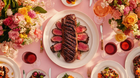 A delightful dining setup featuring a beautifully cooked steak at the center, surrounded by vibrant flowers, creating a warm and inviting atmosphere for memorable gatherings.の素材