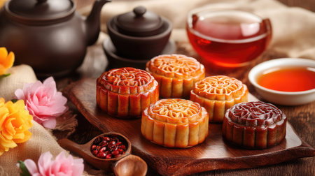 Delight in the elegance of mooncakes paired with hot tea in a warm, inviting setting. The beautiful presentation captures the essence of traditional celebrations.の素材