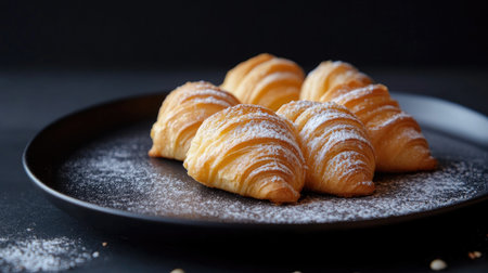 A beautiful display of freshly baked croissants dusted with powdered sugar on a sleek dark plate. Perfect for breakfast, brunch, or special occasions.の素材