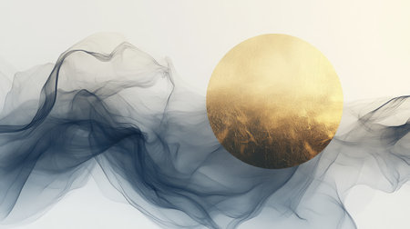 This abstract image showcases a golden circle surrounded by flowing gray and black smoke on a soft white background, creating a serene and elegant art piece.の素材