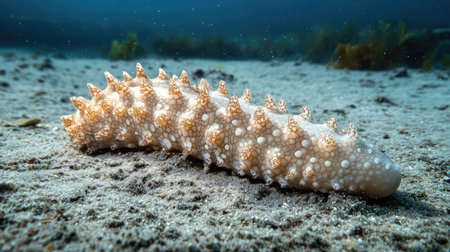 A close-up of a sea cucumber lying on the ocean floor, its textured body blending with the sandy environment.の素材