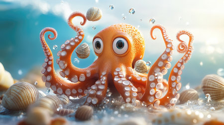 A playful cartoon octopus juggling seashells with its tentacles, set against a bright ocean backdrop.の素材