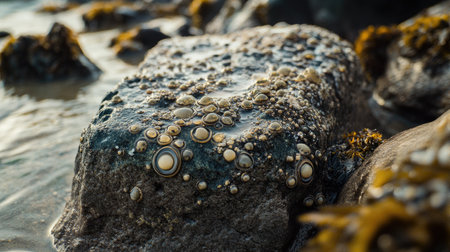 A close-up of a barnacle-covered rock in the intertidal zone, with small sea creatures crawling nearby.の素材