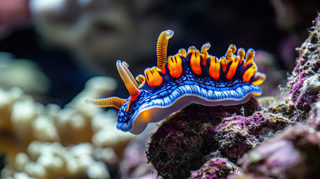 A close-up of a nudibranch, a colorful sea slug, crawling on a coral reef, showcasing its unique patterns.の素材