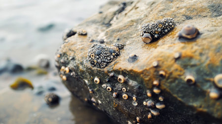 A close-up of a barnacle-covered rock in the intertidal zone, with small sea creatures crawling nearby.の素材