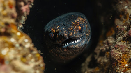 A close-up of a moray eel peeking out from its rocky hiding spot, its sharp teeth visible in the dark water.の素材