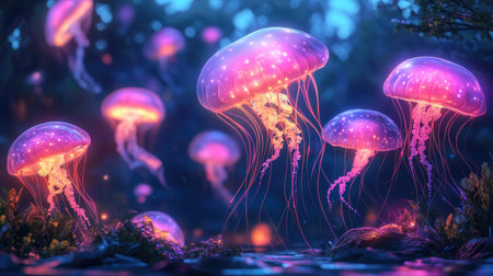 A group of cartoon jellyfish with glowing tentacles, floating gracefully in a whimsical underwater scene.の素材
