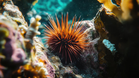 A close-up of a sea urchin nestled among rocks and coral, its spines standing out in the waterの素材