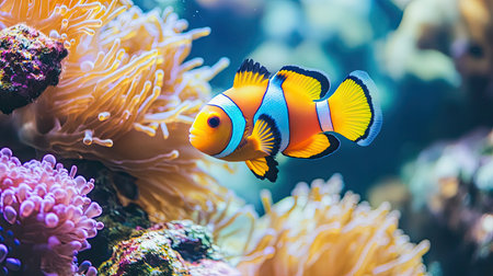 A close-up of a colorful clownfish swimming among the vibrant coral reefs, highlighting the beauty of marine life.の素材