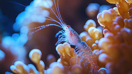 A close-up of a shrimp camouflaged among the coral, its transparent body blending in with the environment.の素材