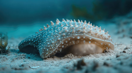 A close-up of a sea cucumber lying on the ocean floor, its textured body blending with the sandy environment.の素材
