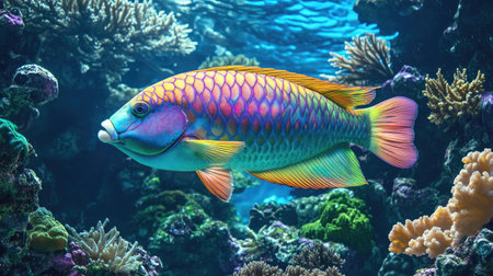 A colorful parrotfish swimming among the coral, its bright scales shimmering in the light.の素材