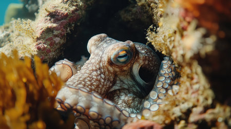 A close-up of an octopus hiding among rocks and coral, its tentacles blending with the surroundings in a display of camouflage.の素材