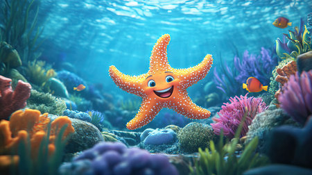 A happy cartoon starfish waving from the ocean floor, surrounded by colorful coral and friendly fish.の素材