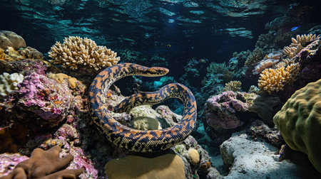 A sea snake slithering through a coral reef, its slender body weaving between the rocks and coral.の素材