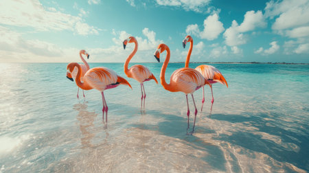 A group of flamingos standing in shallow ocean water, their pink feathers reflecting in the calm surface.の素材