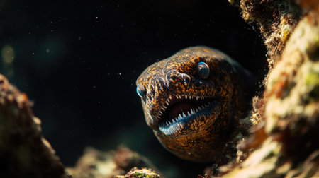 A close-up of a moray eel peeking out from its rocky hiding spot, its sharp teeth visible in the dark water.の素材