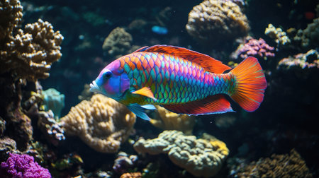 A colorful parrotfish swimming among the coral, its bright scales shimmering in the light.の素材
