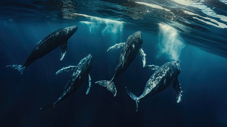 A pod of humpback whales gracefully swimming through the deep blue sea, showcasing their immense size and power.の素材