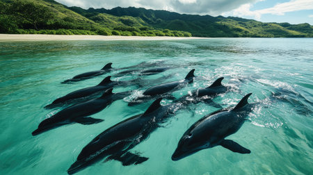 A pod of pilot whales swimming close to the shore, their sleek bodies cutting through the shallow water.の素材
