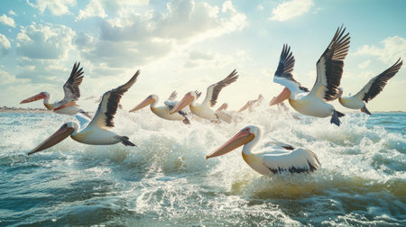 A flock of pelicans diving into the ocean to catch fish, their synchronized movements creating splashes in the water.の素材