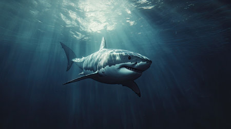 A great white shark cruising through the ocean depths, its powerful body cutting through the water with precision.の素材