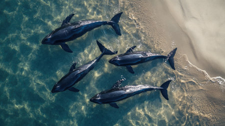 A pod of pilot whales swimming close to the shore, their sleek bodies cutting through the shallow water.の素材