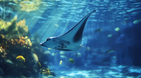A manta ray gracefully swimming above the ocean floor, its wide wings gliding effortlessly through the water.の素材