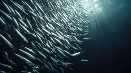 A school of sardines swimming in a tight formation, their silver bodies flashing in the light as they move together.の素材