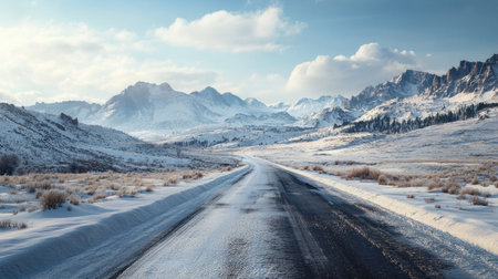 A remote, snow-covered road winding through a mountain range, capturing the essence of winter landscapes and the allure of exploring the great outdoorsの素材
