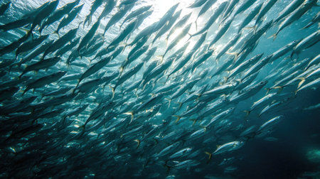 A school of sardines swimming in a tight formation, their silver bodies flashing in the light as they move together.の素材