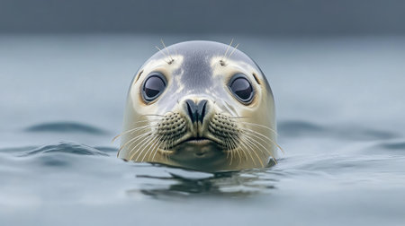 A playful seal popping its head above the water's surface, its curious eyes gazing at the camera.の素材